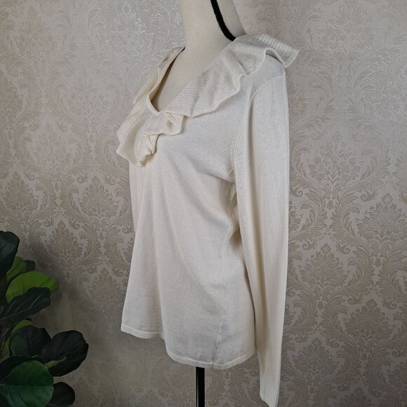 Lauren Ralph Lauren Size XL Cream Colored V-Neck Sweater Ruffle Detail Long Slve - Picture 5 of 9